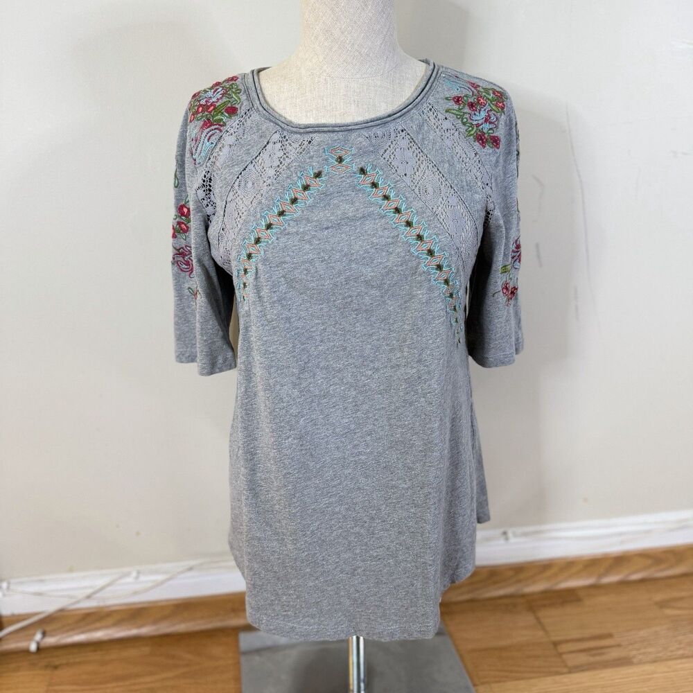 Sundance Georgette Floral Embroidered Top Gray XS Lace Panel Boho Western